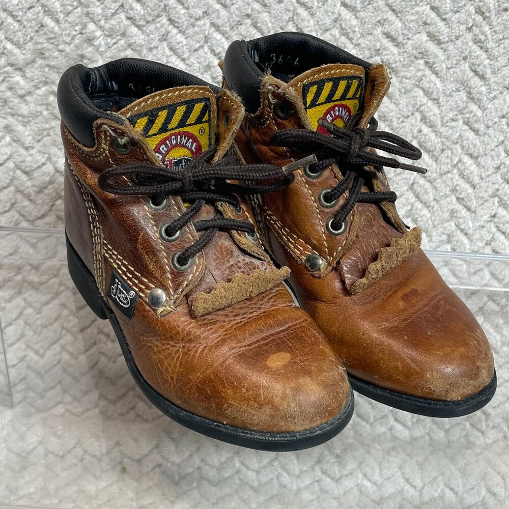 Justin‎ Boots Kids Brown Leather Kiltie Lace Up Toddler Western Boots 7D
